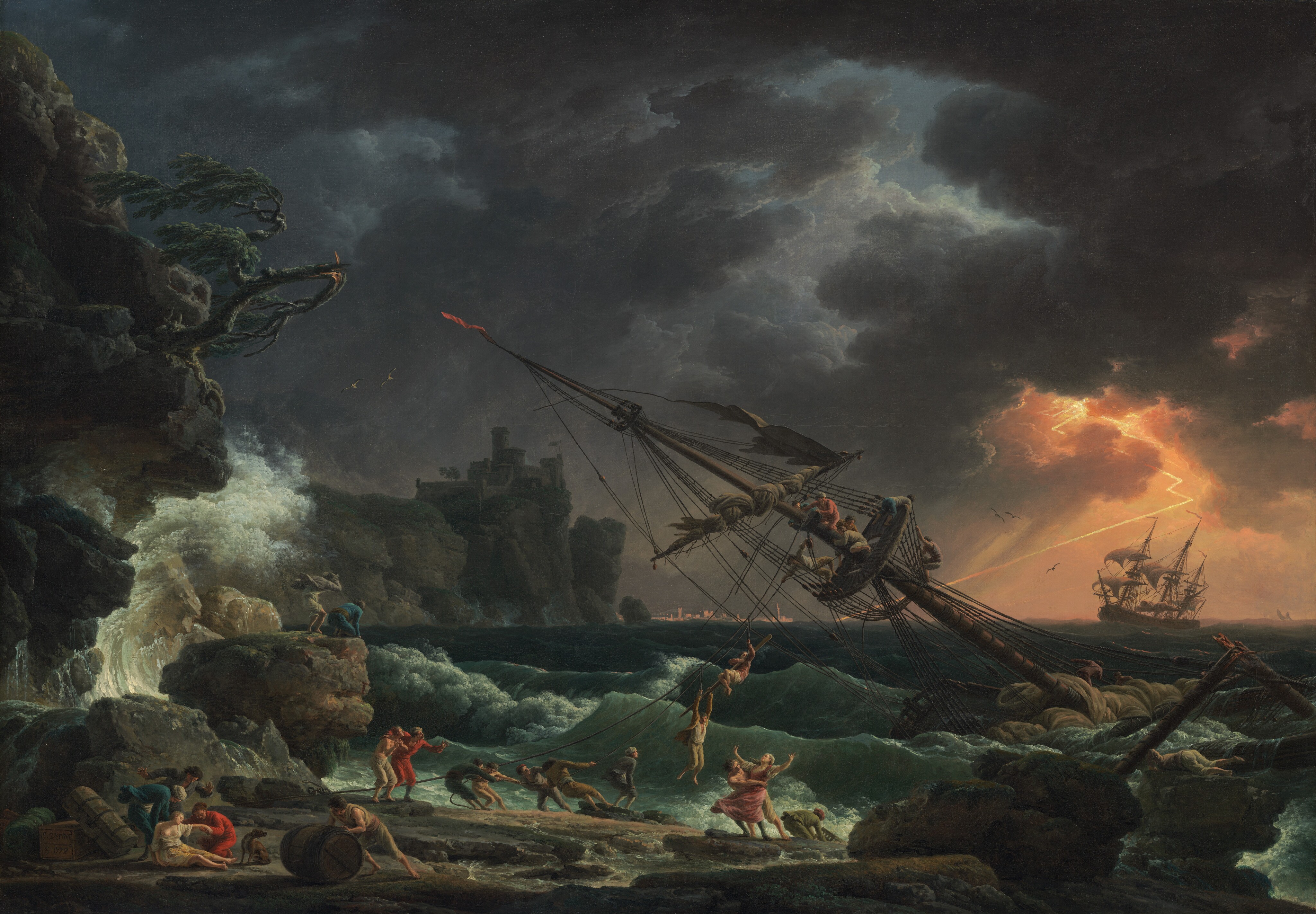A merchant ship breaking up against a rocky cliff in a storm, lightning splitting the sky, survivors clinging to a rope as a woman lies half-drowned on the beach.